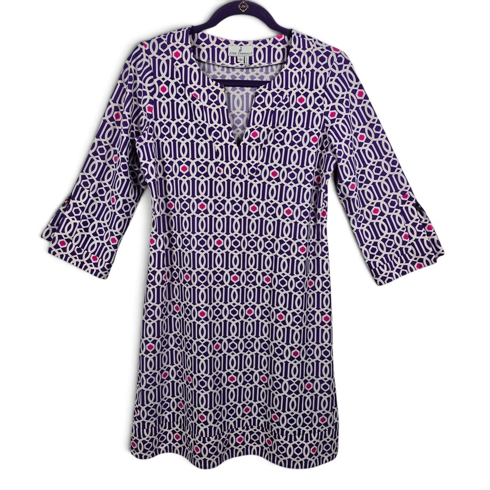 Jude Connally Dress Women S Shift Purple Geometric 3/4 Sleeve V-Neck Mini Casual